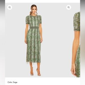 Mac Duggal Sage Green Green High Neck Short Sleeve Crystal Fringe Sheath